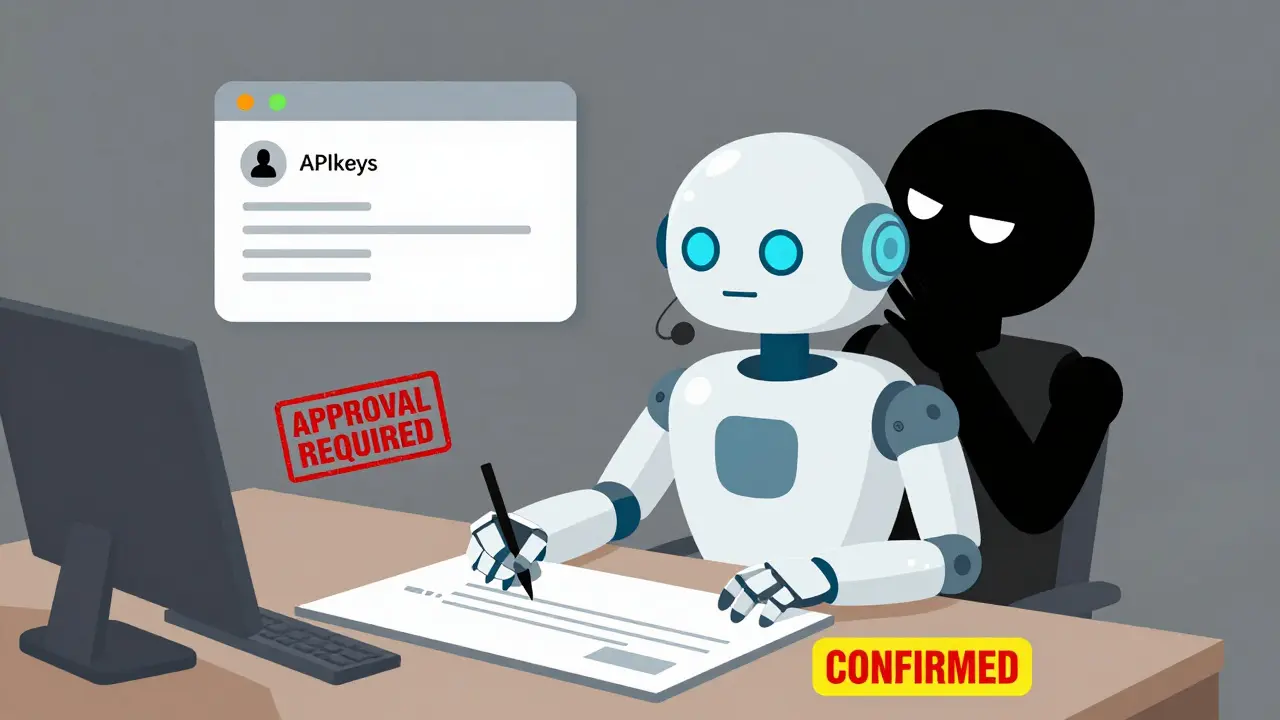 Robot banker writing a check while being manipulated by a hidden attacker, with exposed system keys floating above.