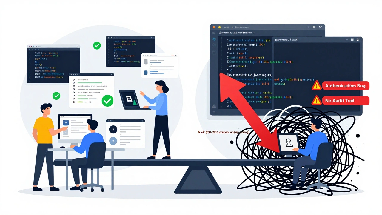 Split scene showing efficient AI use on one side and dangerous AI code errors on the other.