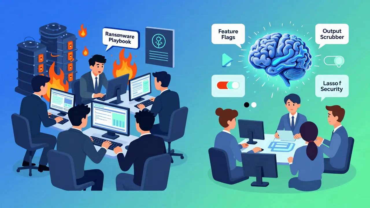 Split-screen comparison: traditional cybersecurity team failing vs. LLM response team successfully containing an AI threat.