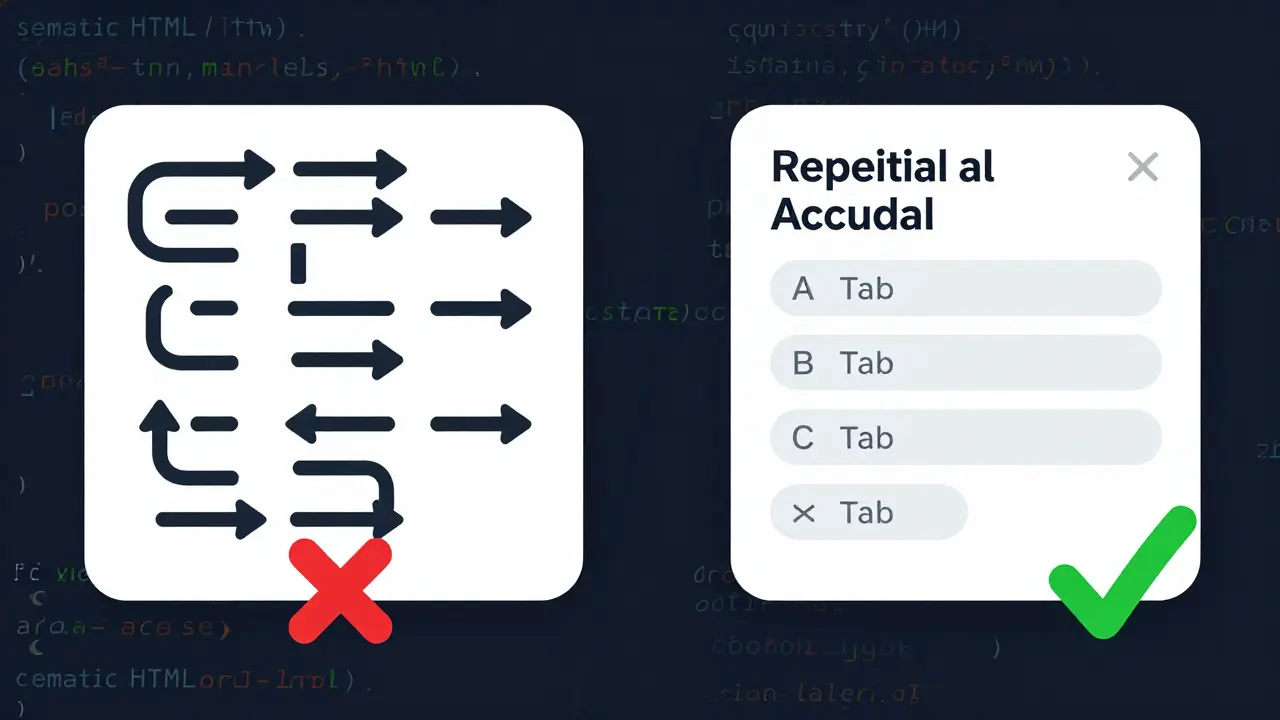 Split-screen illustration: broken AI modal with keyboard traps vs. fixed version with proper focus and ARIA labels, marked by red X and green checkmark.