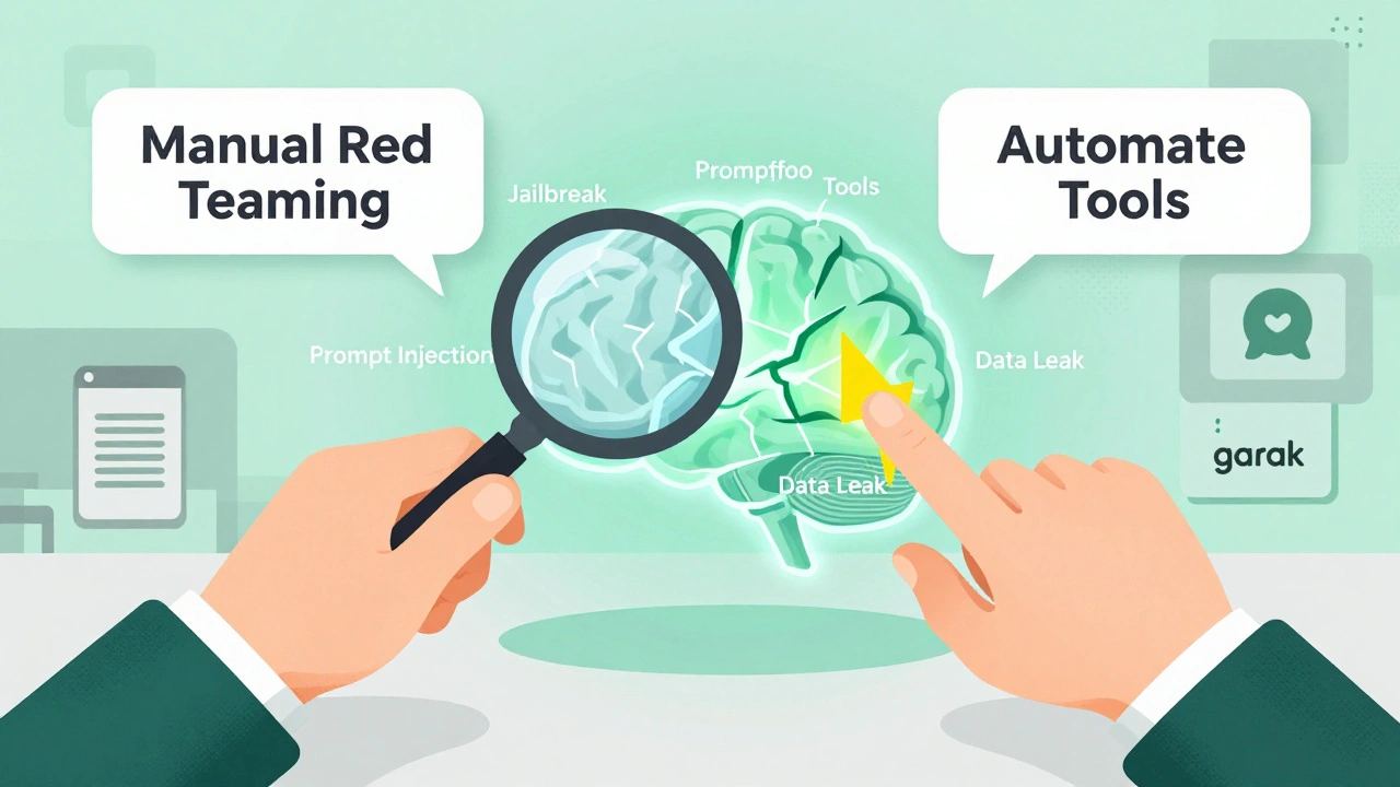 Two hands inspecting an AI brain with vulnerabilities revealed, using manual and automated testing tools.