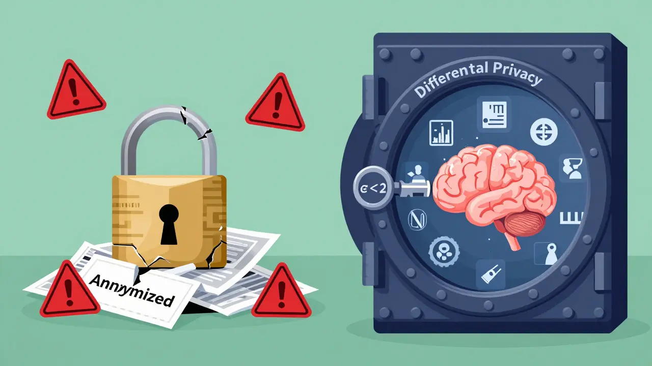 A contrast between broken anonymization and a secure differential privacy vault with a key labeled ε≤2 turning inside.