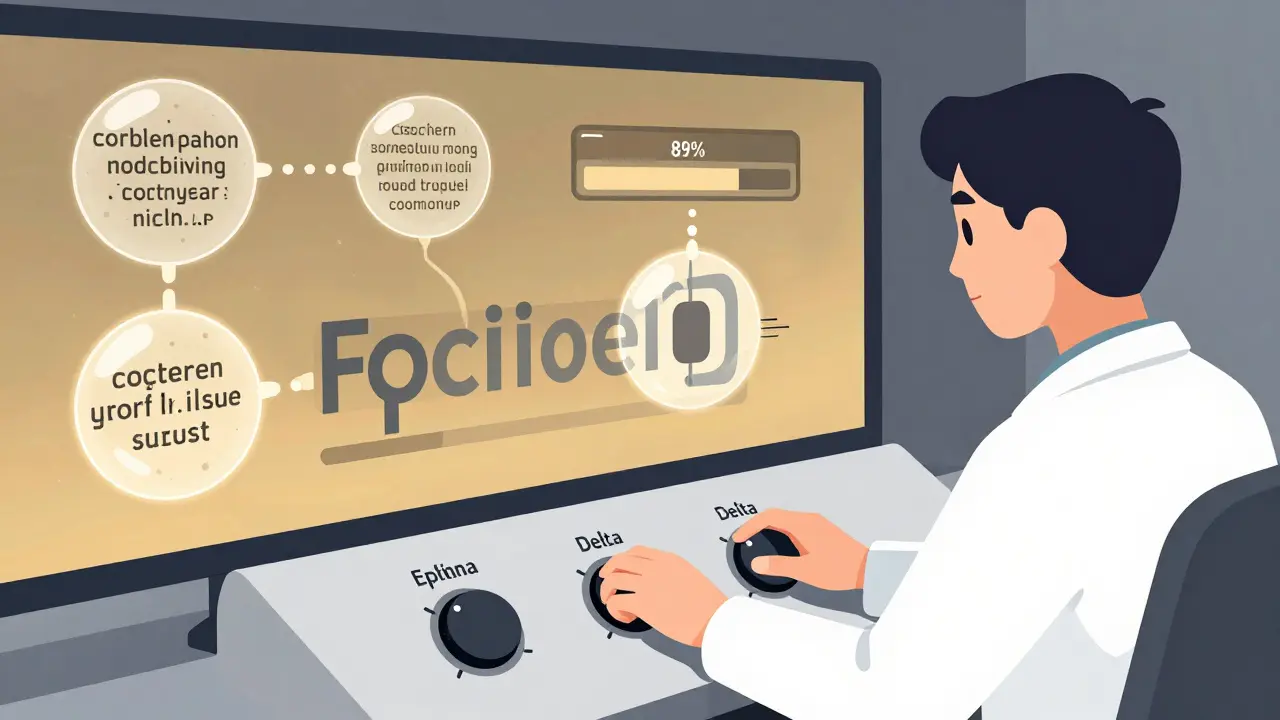 A scientist adjusting epsilon and delta dials while noise bubbles protect individual data points entering a training pipeline.