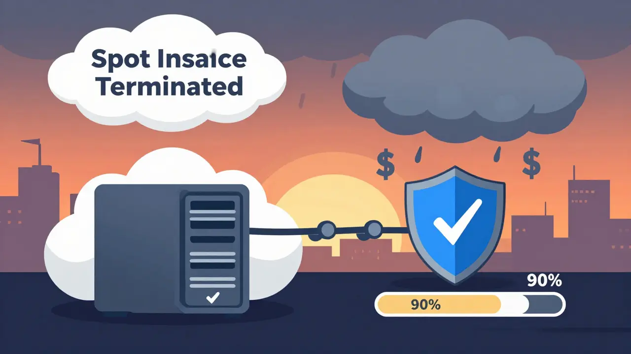 A spot instance being taken away as a backup server catches the workload with checkpointing.