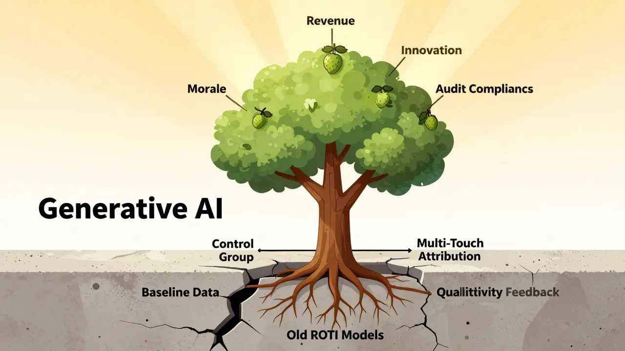AI growth tree with roots in measurement methods, bearing fruits of business and human benefits.