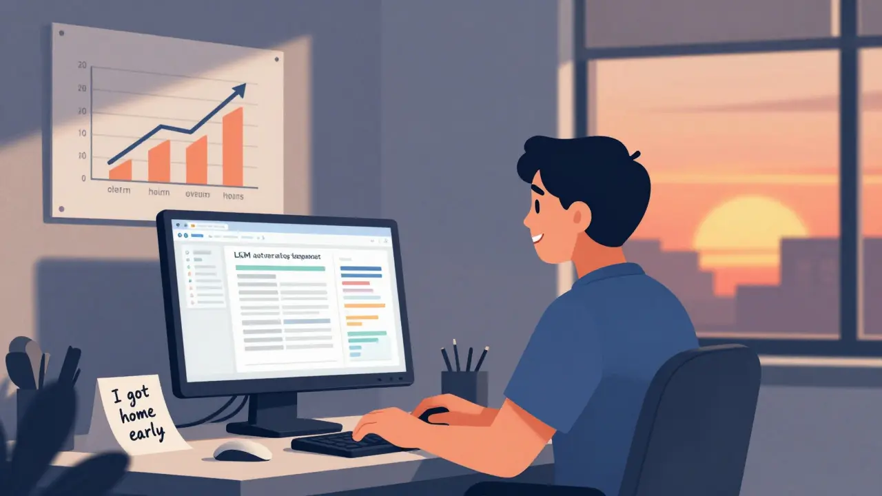 An analyst smiling as an LLM generates a report, with signs of restored work-life balance in the background.
