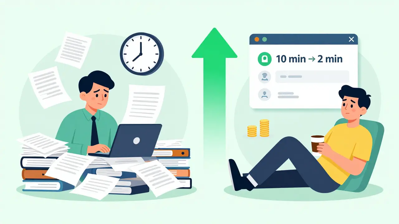 Before-and-after scene of an employee saving time with an LLM chatbot, contrasting stress and relief.