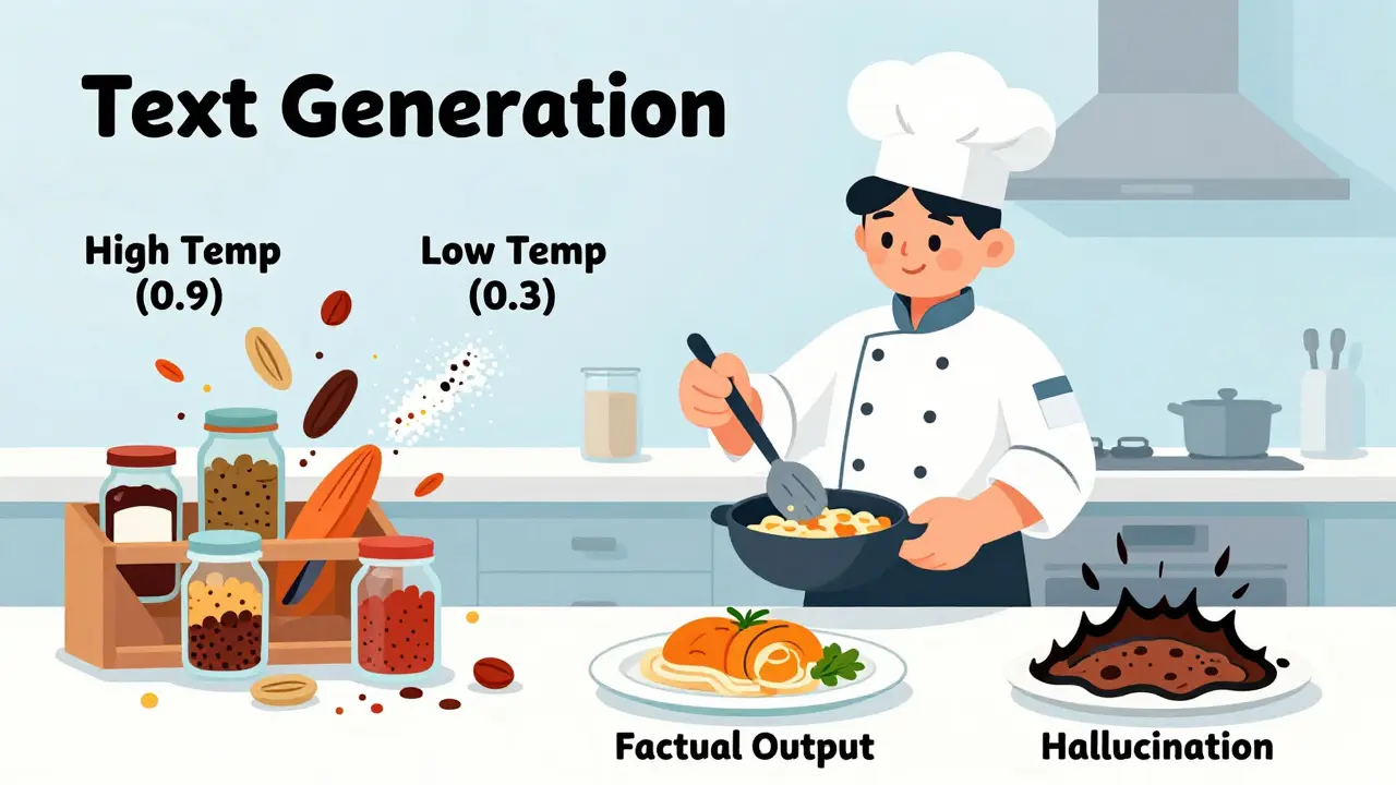 Cartoon chef cooking with spice jars labeled by temperature settings, showing factual vs hallucinated outputs.