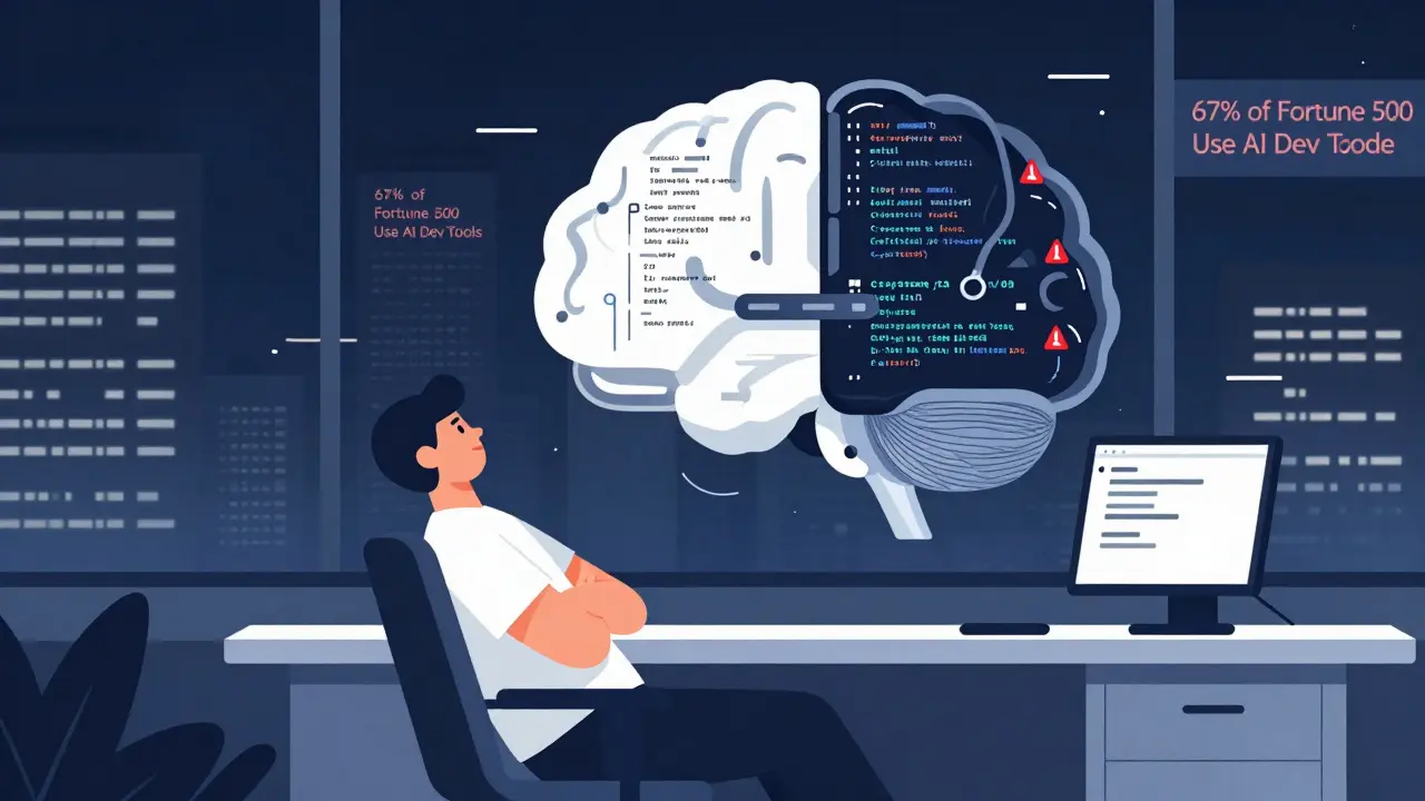 Coder with a giant AI brain showing clean vs messy code, city skyline with stats in background.