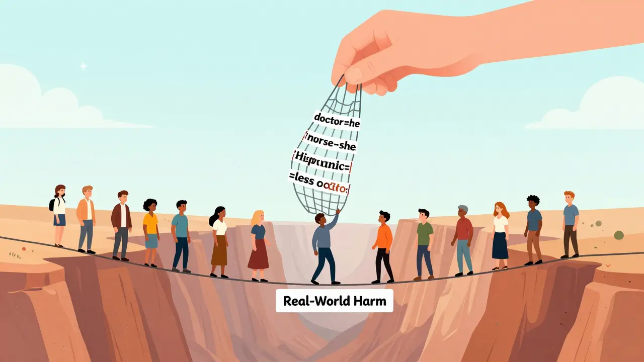 Diverse people on a tightrope as biased AI decisions threaten to fall into harm.