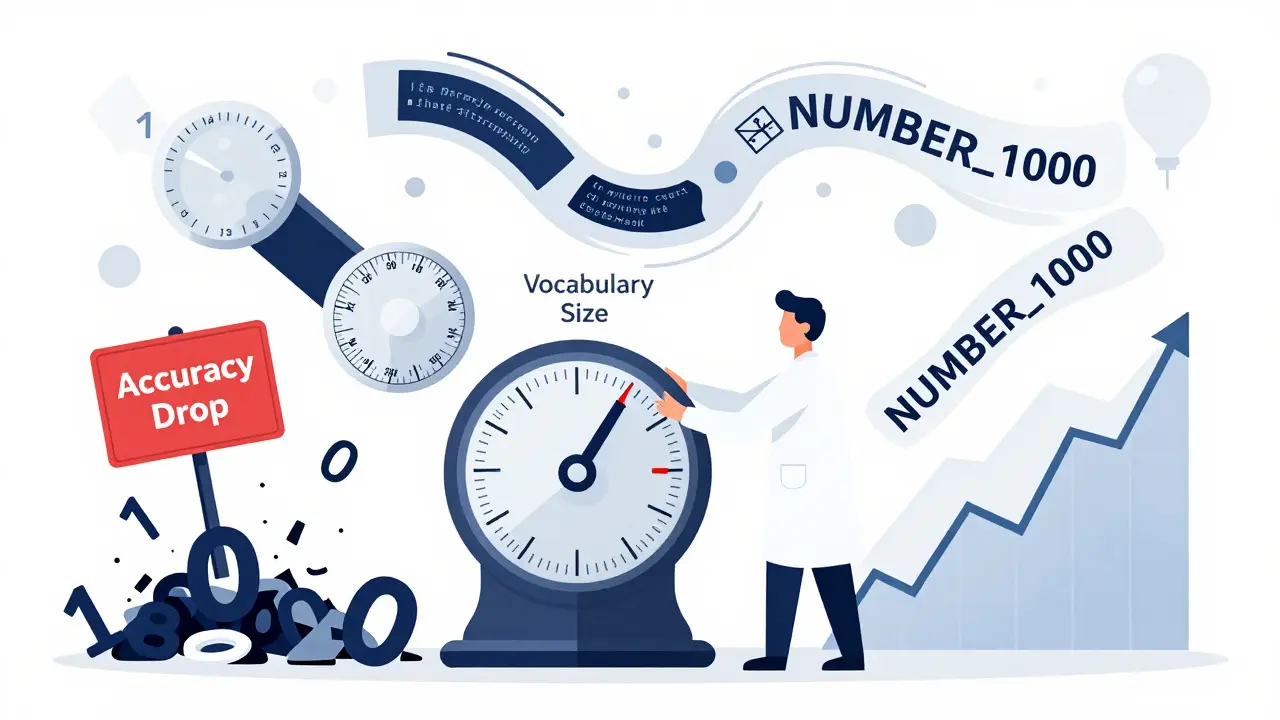 Flat illustration of a scientist adjusting a vocabulary dial, with fragmented numbers collapsing on one side and unified NUMBER tokens boosting accuracy on the other.