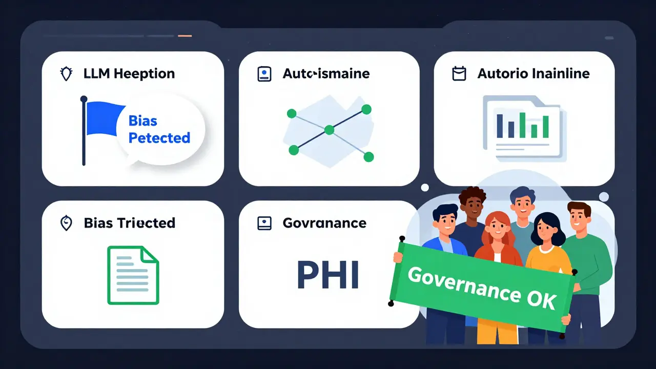Futuristic dashboard auto-detecting bias and blocking sensitive data from AI training.