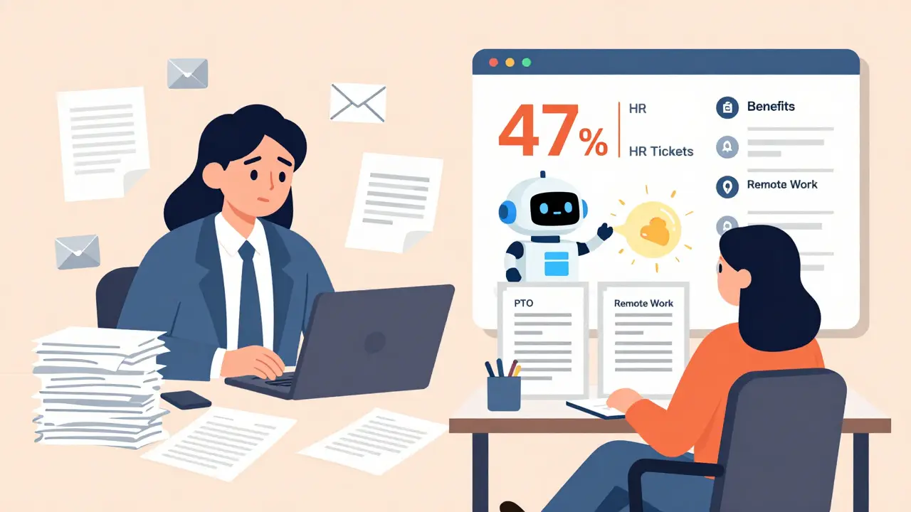 HR specialist overwhelmed by paperwork vs. calm while using a knowledgebot that reduces tickets.