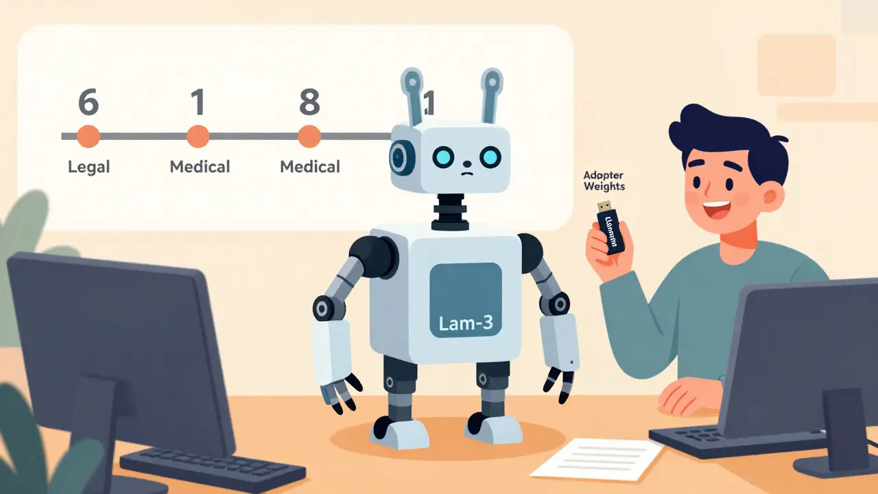 Modular robot with task-specific adapter limbs snapping into a central LLM model.
