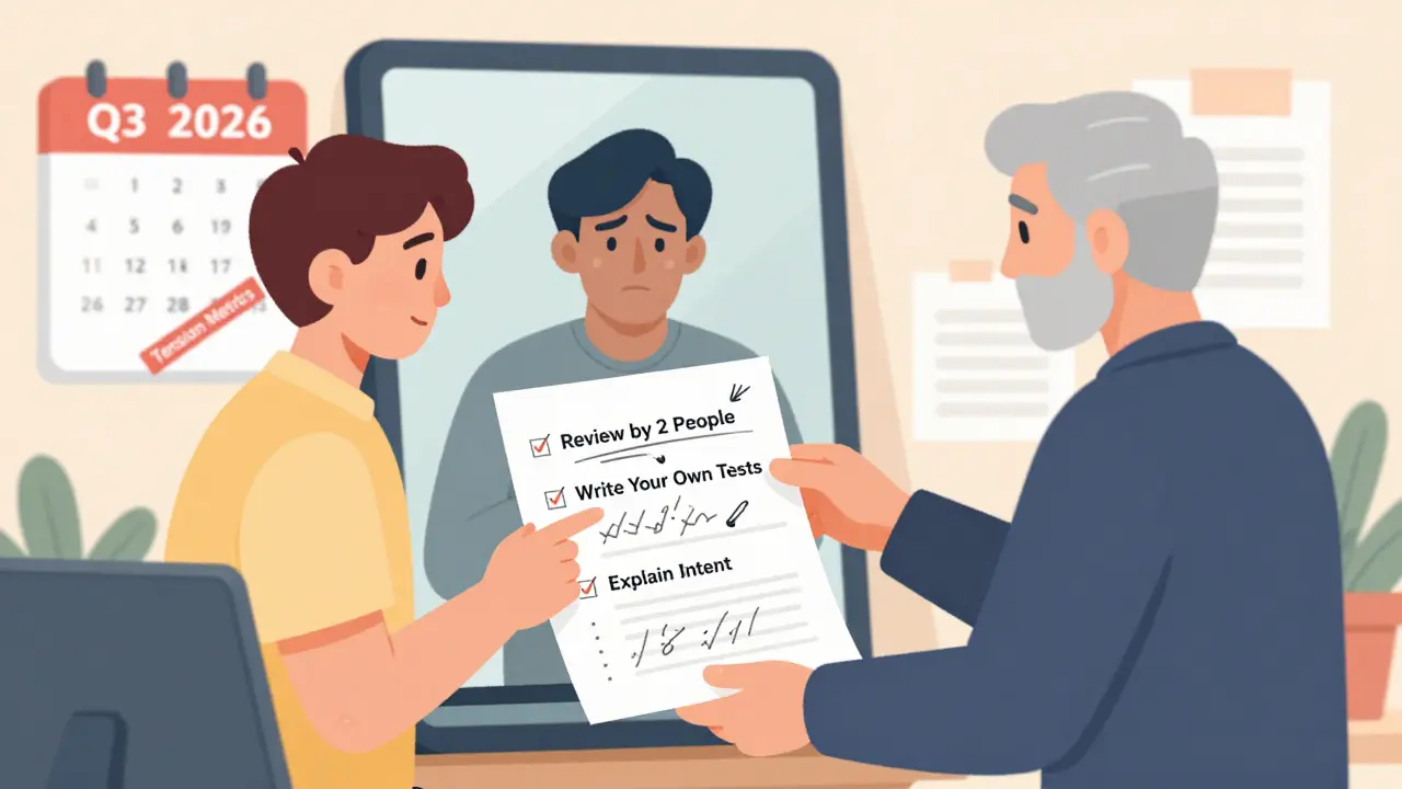 Senior developer guiding junior on proper AI code review with checklist, AI reflected as apprentice.