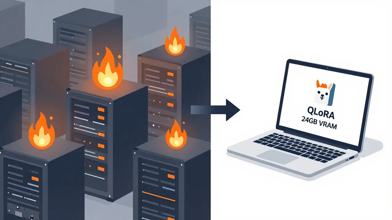 Split scene: expensive data center vs. affordable laptop using QLoRA for fine-tuning.