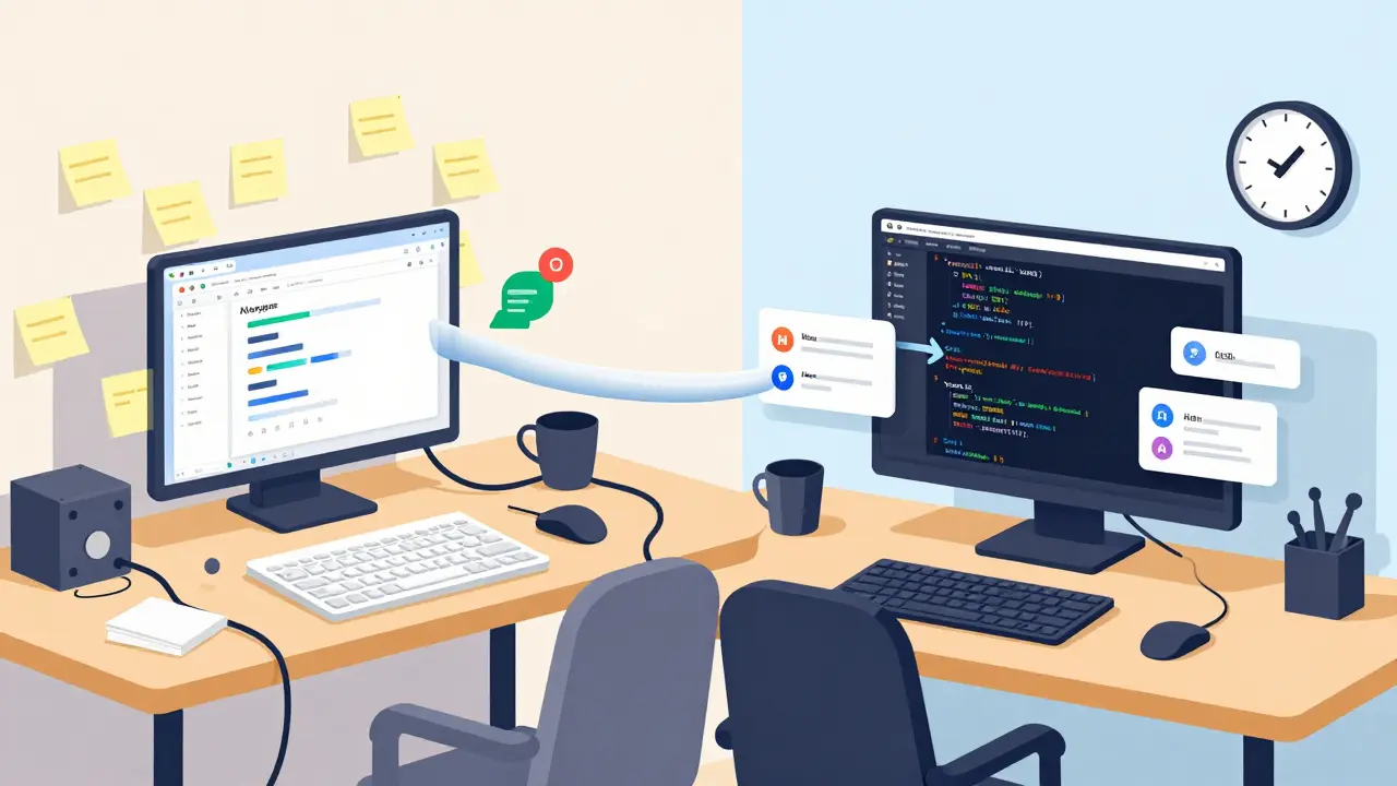 Split-screen: chaotic coding workspace vs. clean, integrated development environment with time-saving checkmark.