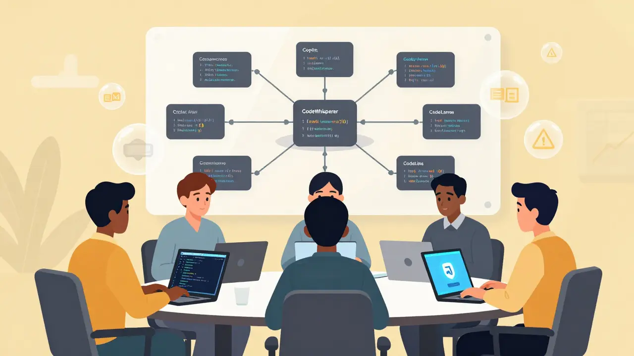 Team of developers working with multiple AI coding tools, connected by a network of floating code snippets.