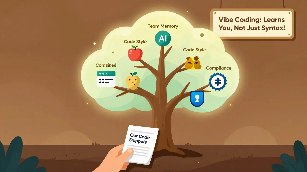 Tree growing from Git repo with branches for team memory and compliance, fed by training data.