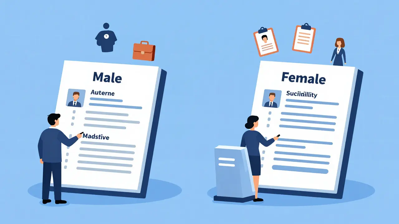 Two identical resumes being evaluated differently by an AI based on gender.