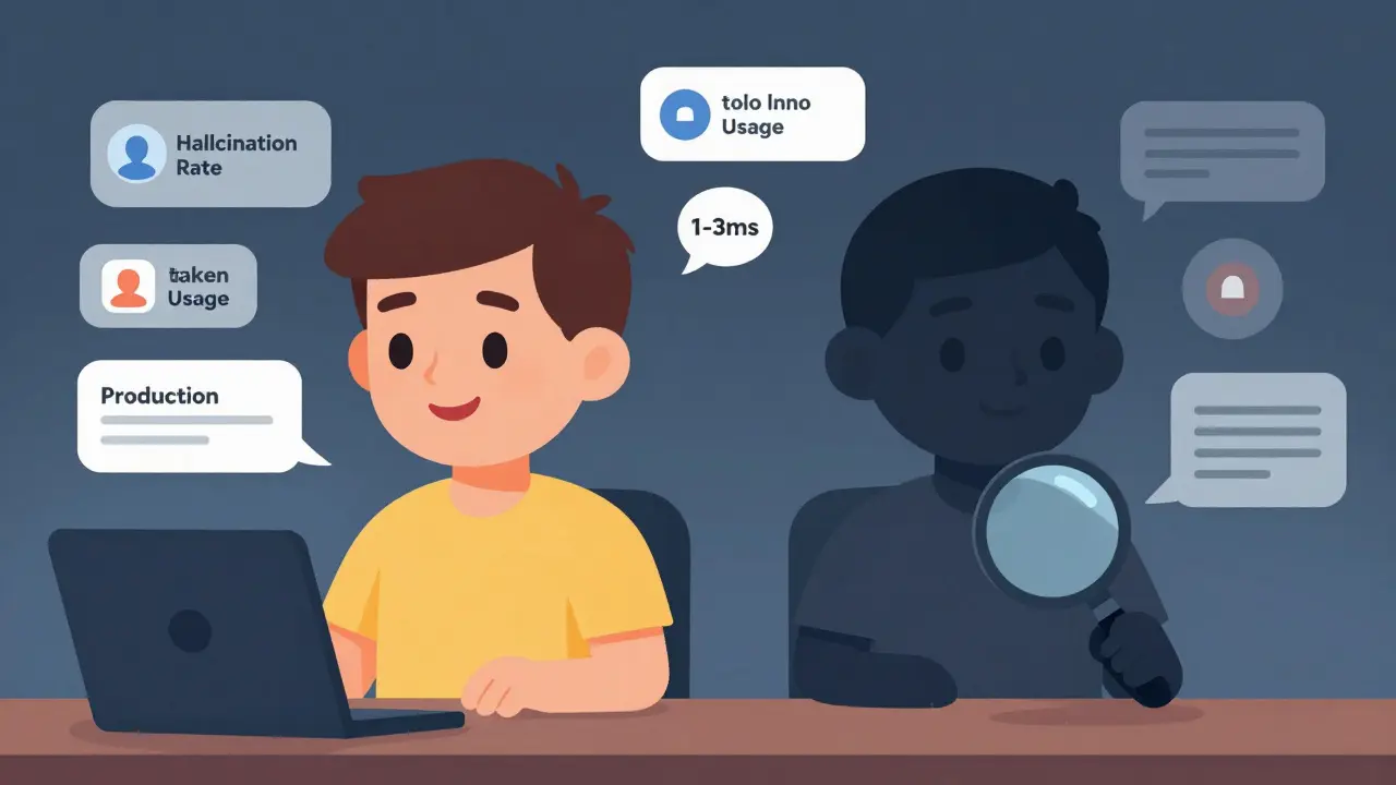 Two LLM avatars side by side: one responding to users, the other silently analyzing metrics like hallucinations and tokens.