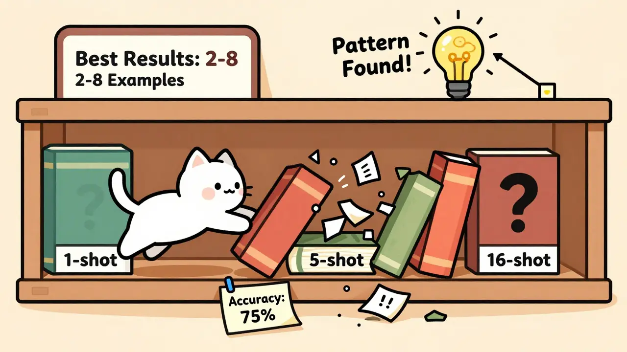 A cat selects the optimal number of examples from a bookshelf, causing too many examples to collapse into confusion.