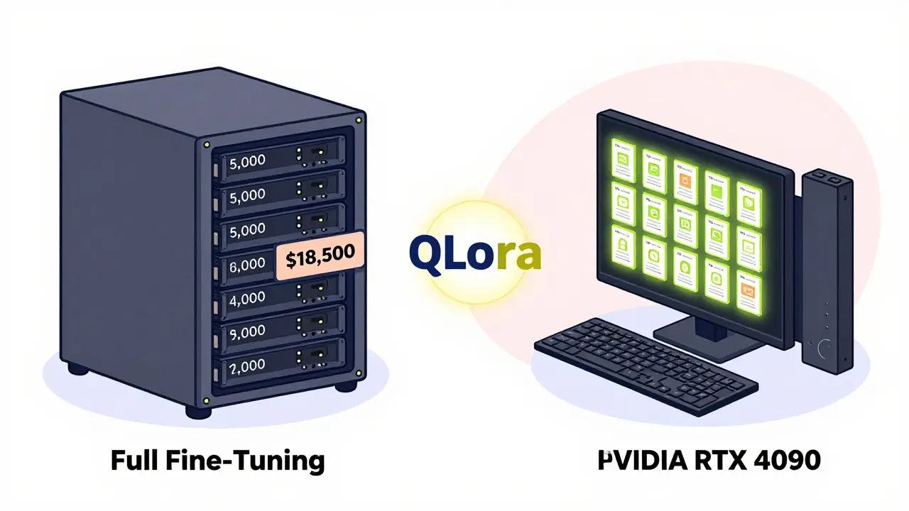 A comparison between expensive full fine-tuning and affordable QLoRA fine-tuning using 50 examples on a single GPU.
