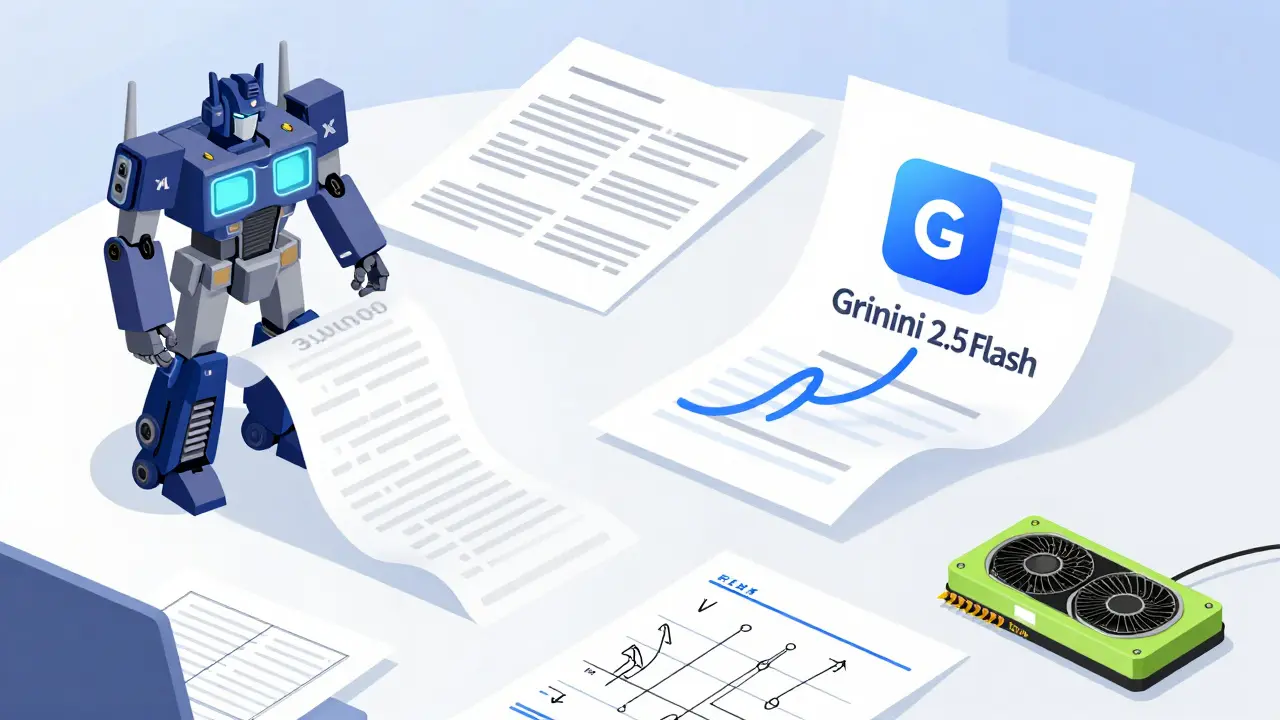 A desk with legal documents being processed by Transformer XL and Gemini 2.5 Flash, with a local GPU running quietly in the background.