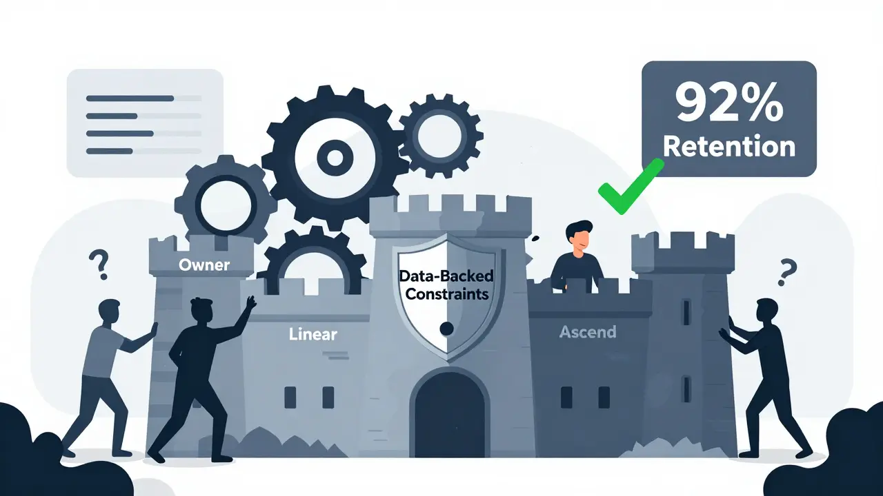 A fortress of opinionated AI tools with a shield labeled 'Data-Backed Constraints' protecting a satisfied user.