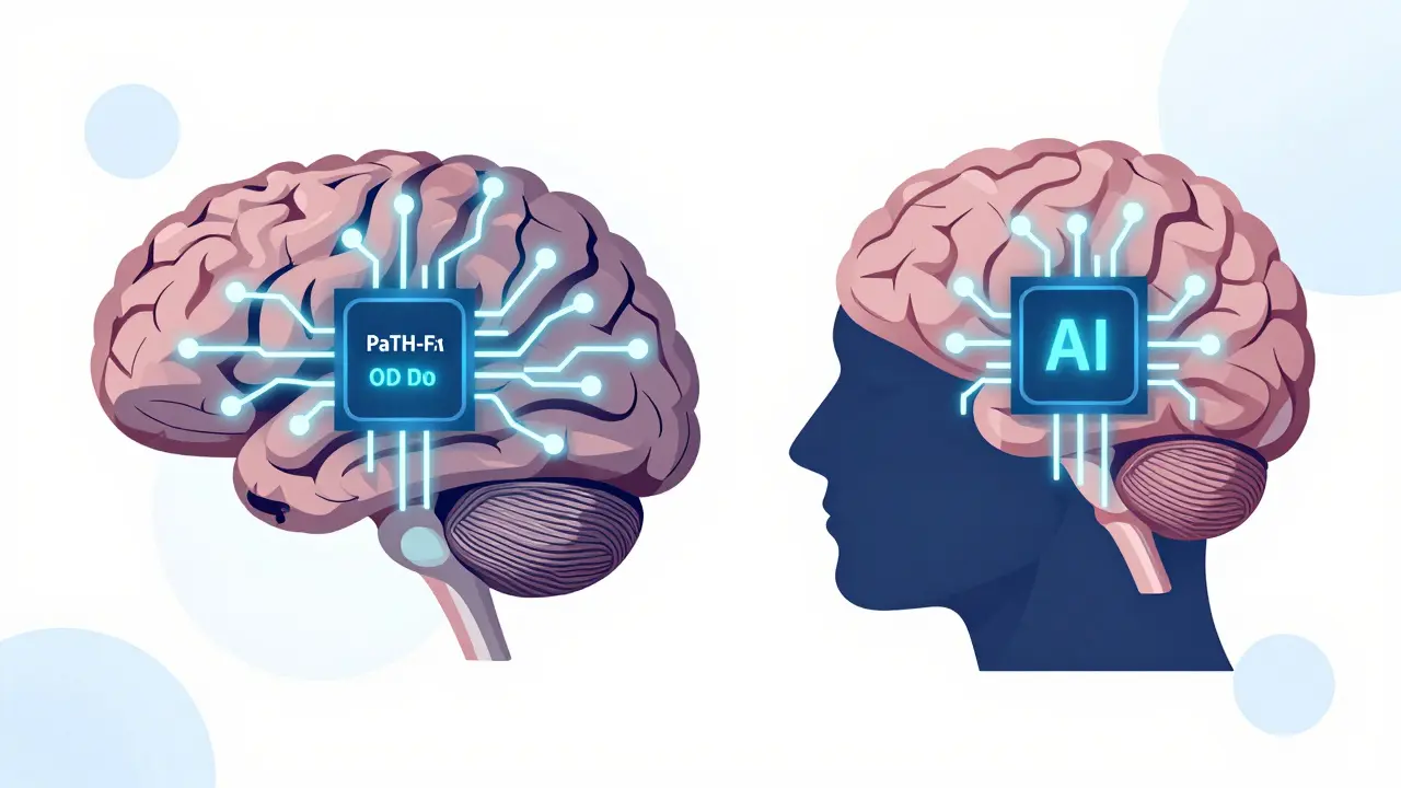 A human brain and AI chip with glowing pathways, showing adaptive focus and filtering of information.