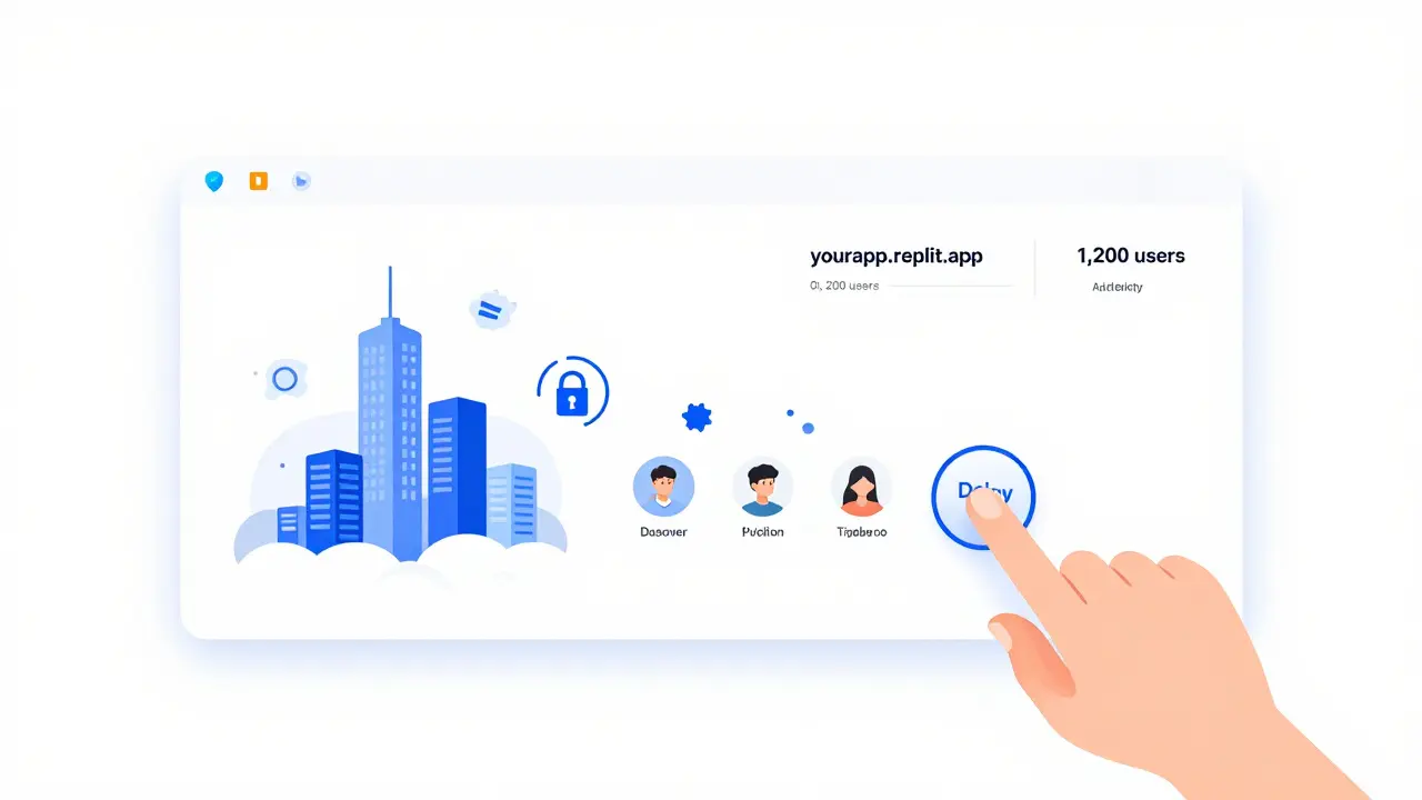A one-click deploy button activates, launching a live web app with HTTPS, custom domain, and growing user count in the cloud.