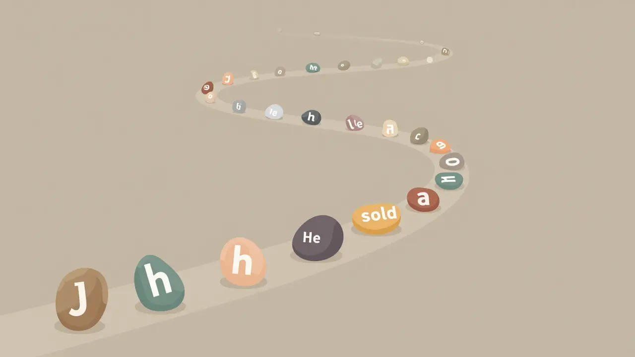 A path of colored stones represents words with mirror-like reflections showing contextual meaning shifts.