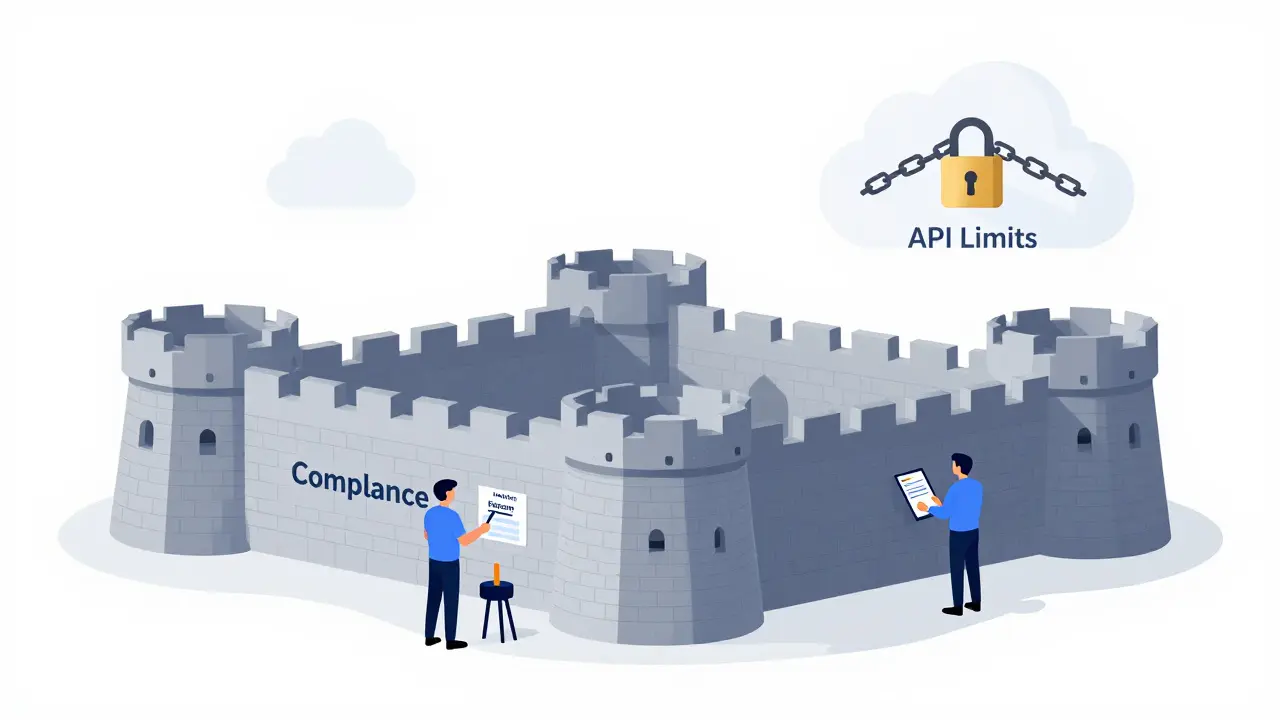 A secure fortress of open-source AI models guarded by engineers, while a distant GPT-4 icon is locked behind API restrictions.