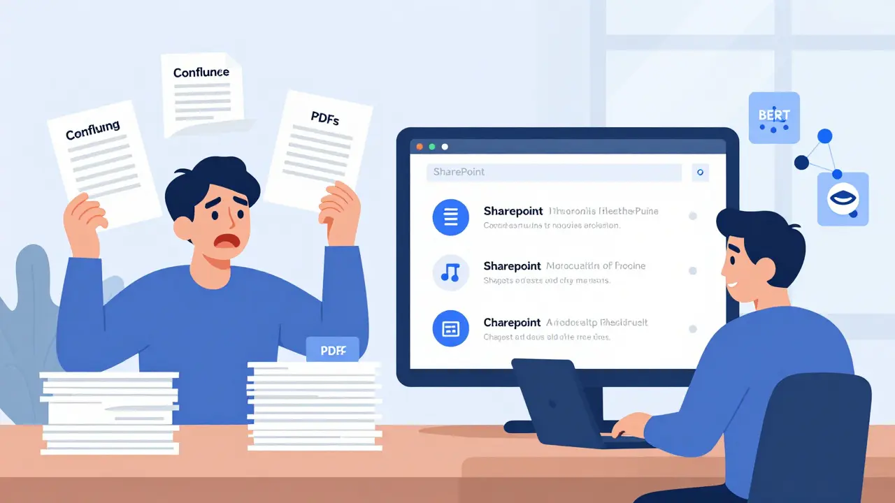 A side-by-side comparison of outdated document searching versus a modern AI Q&amp;A interface.