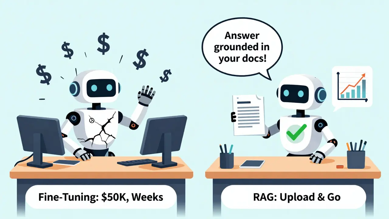 A side-by-side comparison showing RAG's low cost and speed versus expensive fine-tuning.