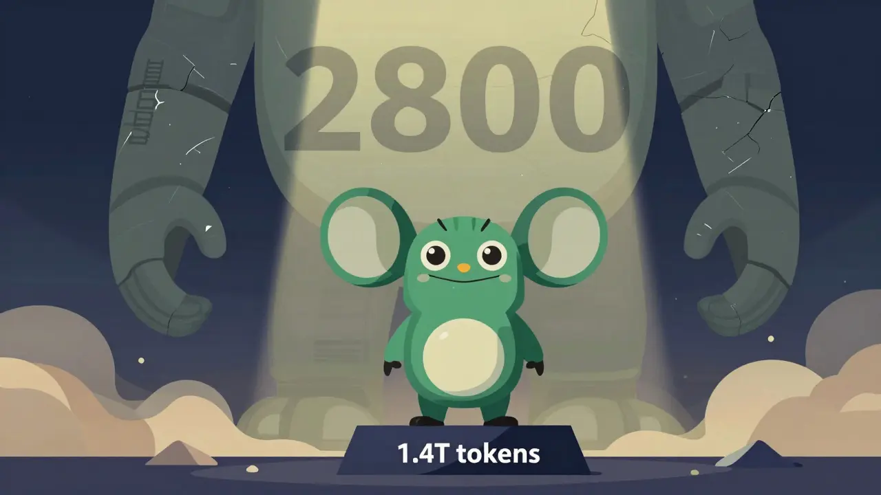 A small 70B model outperforming a larger 280B model, symbolizing compute efficiency through balanced data scaling.