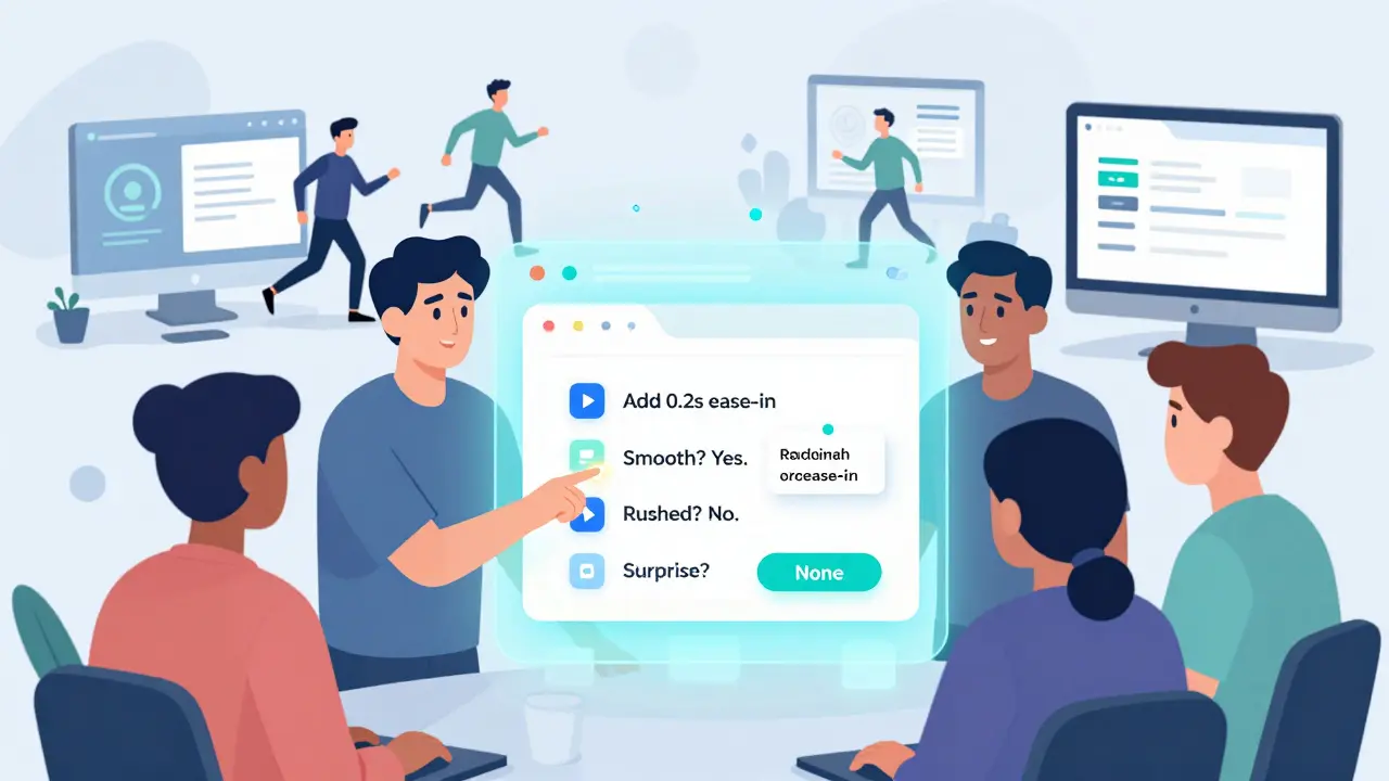 A team reviews app experience metrics on a hologram, noting smooth animations and user feedback.