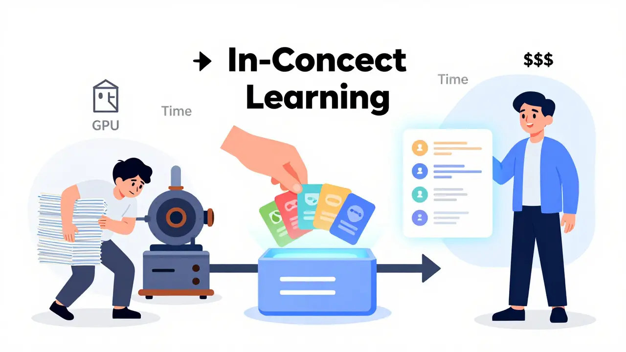 A timeline showing the shift from slow, expensive model training to fast, simple prompt-based learning with examples.