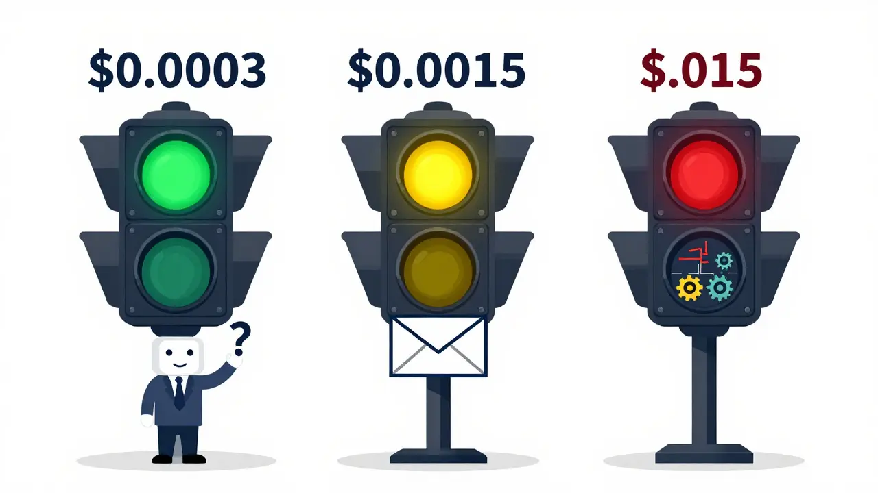 A traffic light system routing three AI models by task complexity, with cost tags showing price differences per request.