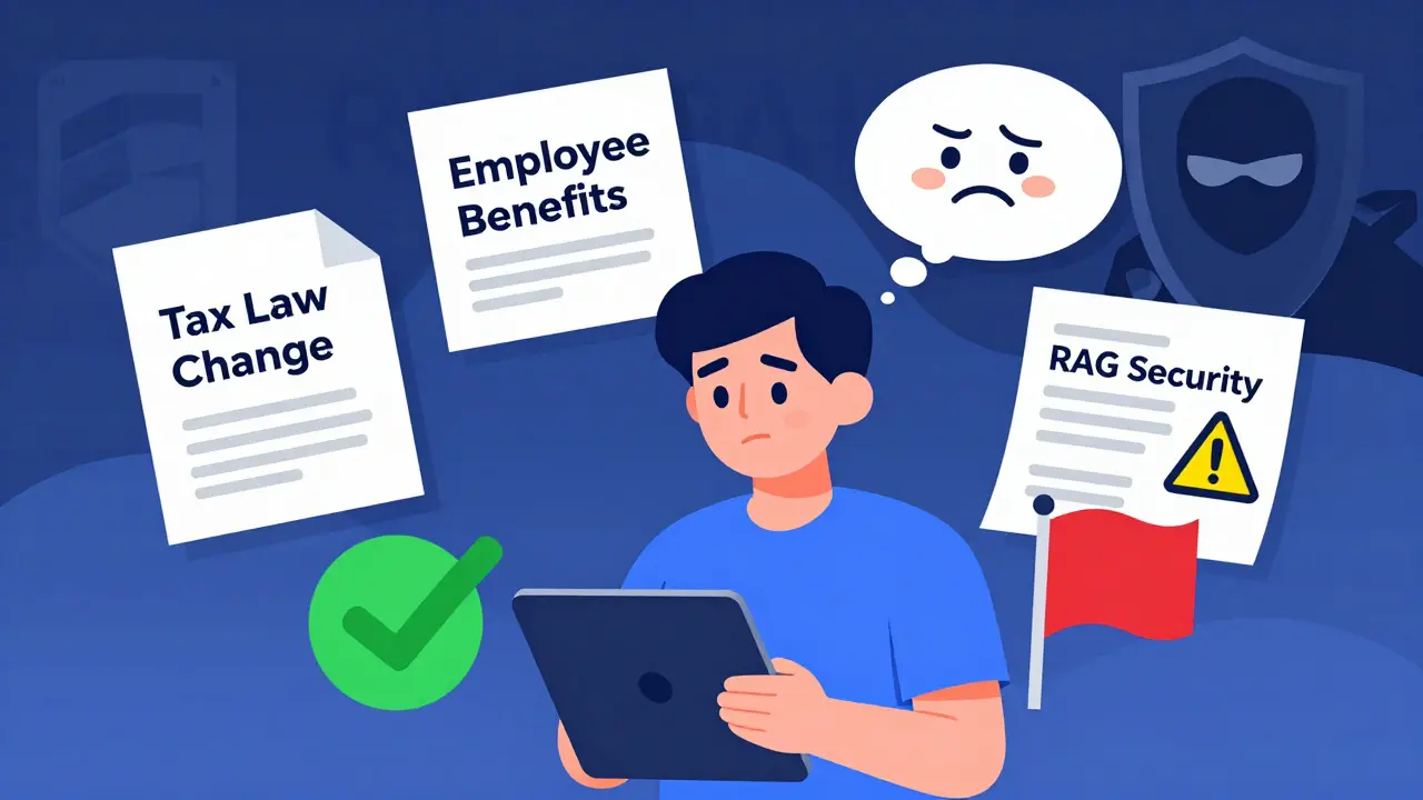 An AI struggling to connect two document chunks, with a security shield blocking fake data.