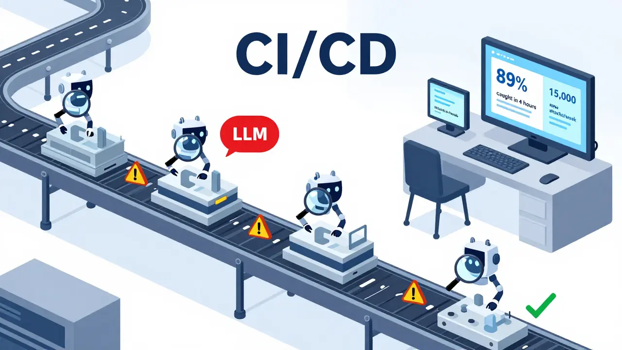 An automated CI/CD conveyor belt with LLM models being tested by bots, one flagged with a red alert.