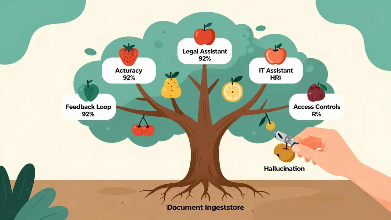 An enterprise knowledge system visualized as a tree with specialized assistants and key components growing from its structure.