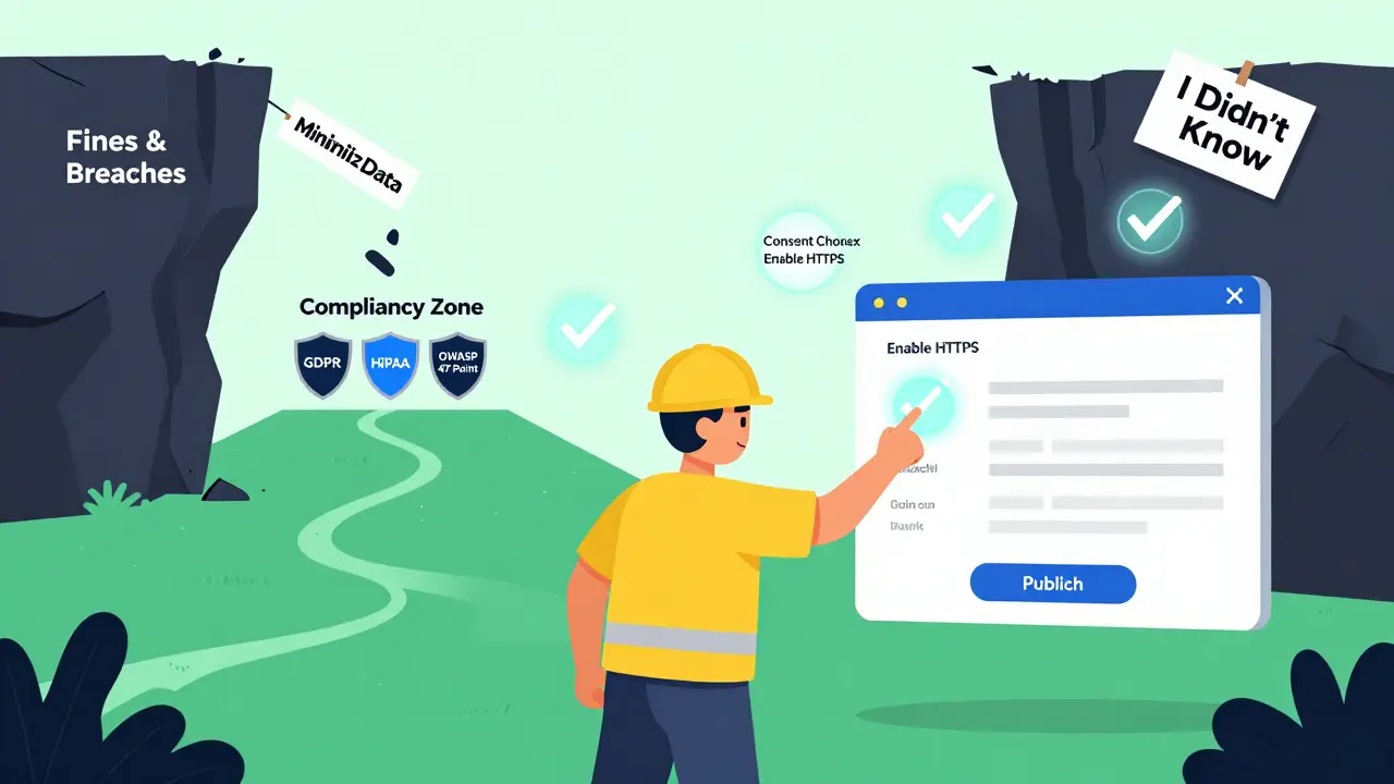 Builder publishing an app with three compliance checkmarks, moving toward a safe zone as a dangerous cliff falls away behind.