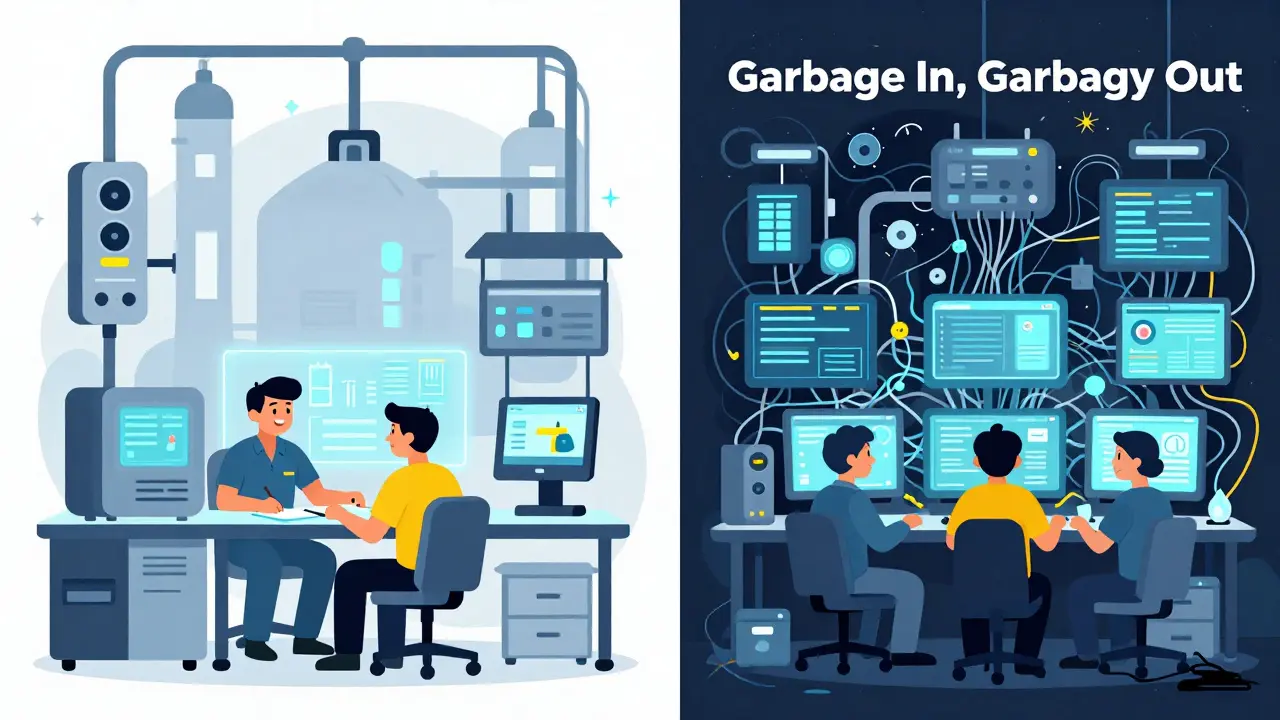 Clean, efficient Swedish factory with AI predictions vs. chaotic factory with poor data quality.