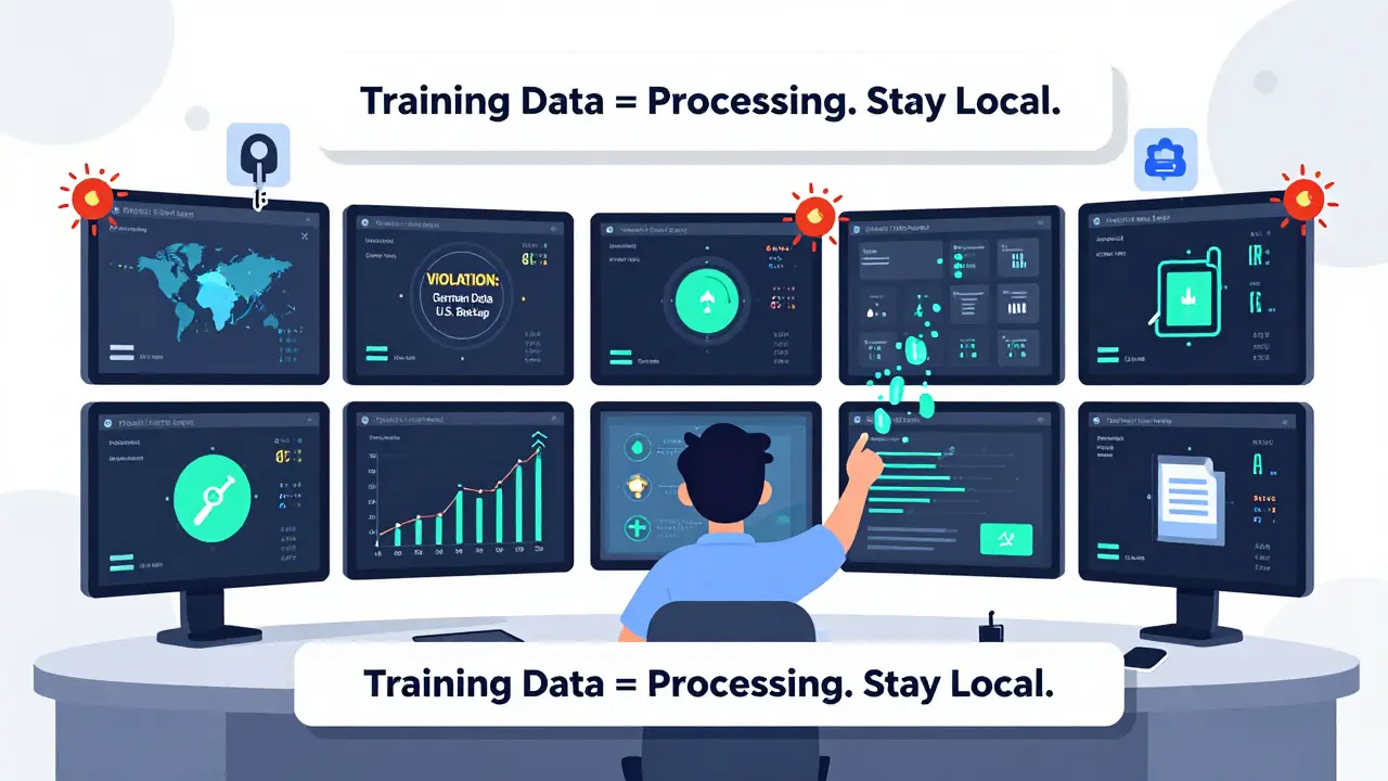 Compliance officer monitoring regional data flows with one system flashing a violation alert.