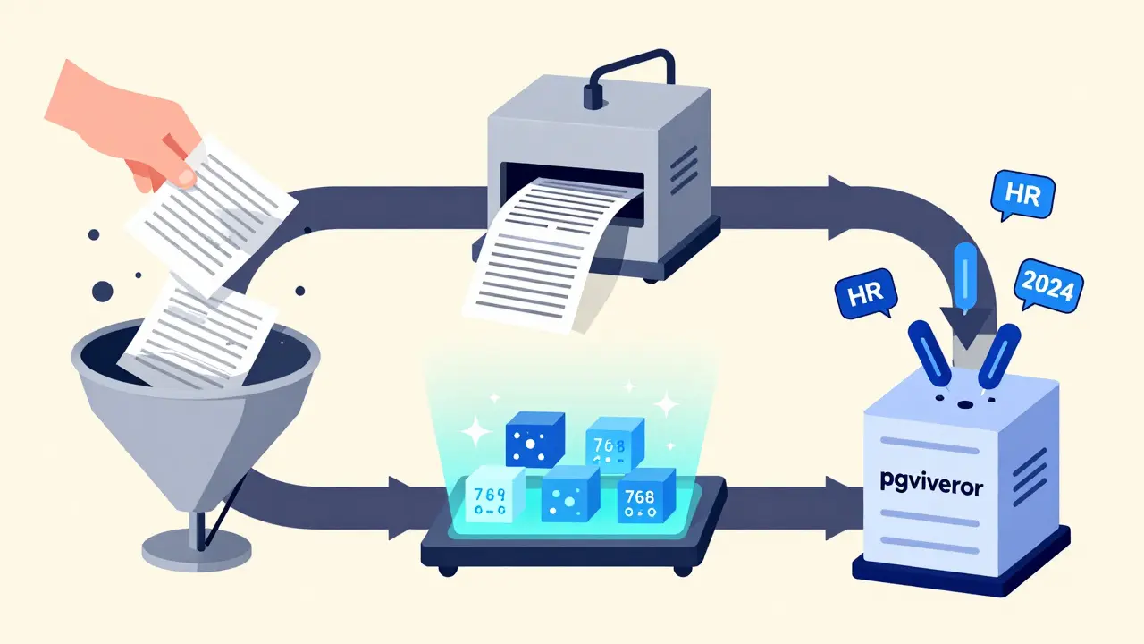 Four-step pipeline illustrated as an assembly line: loading, splitting, embedding, and storing text vectors with metadata.