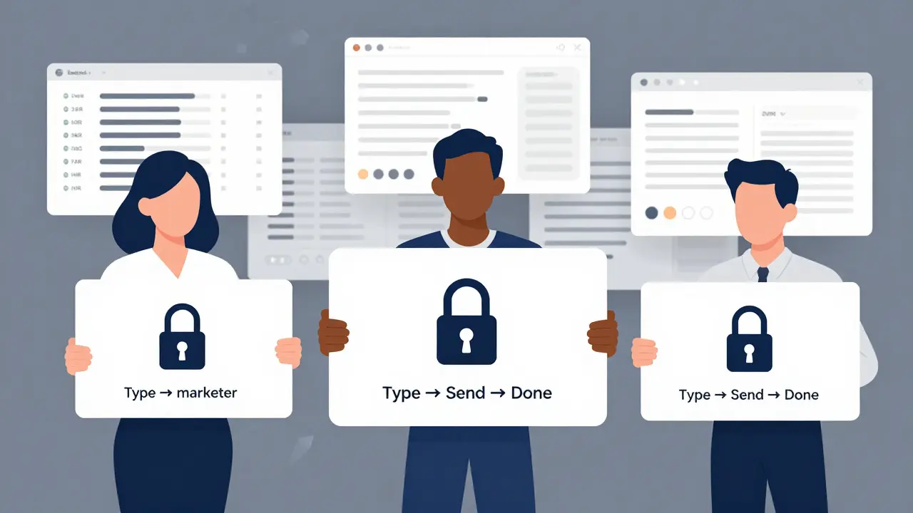 Non-technical users happily using a simple AI interface while complex customizable dashboards fade behind them.