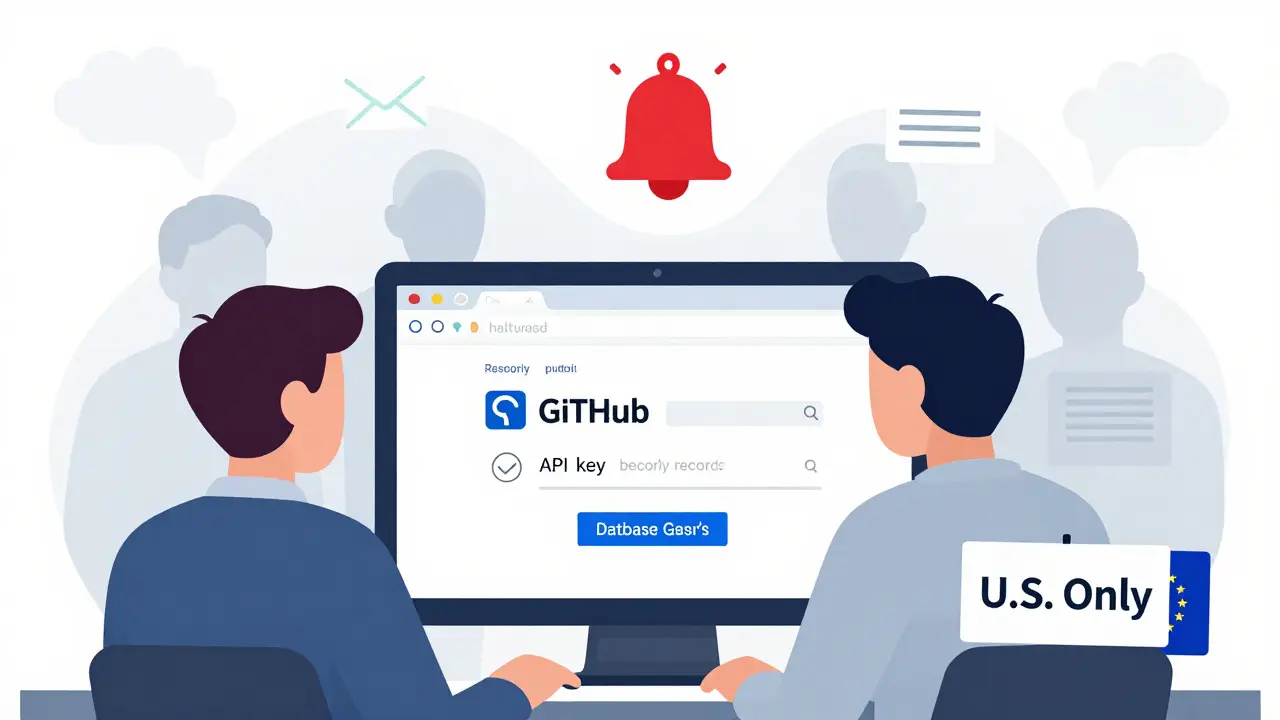Person viewing a public GitHub repo with exposed API key, while users' personal data leaks out as smoke.