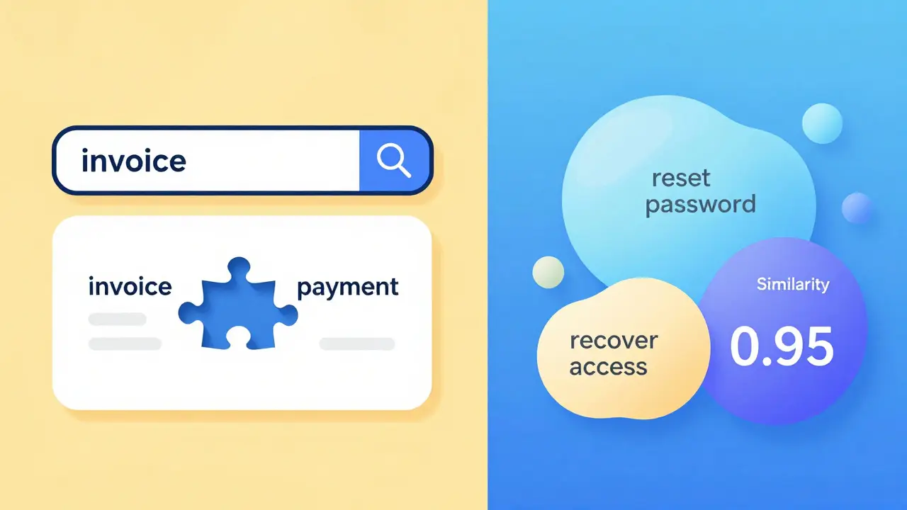 Side-by-side comparison: failed keyword search vs successful vector search based on meaning, not exact words.