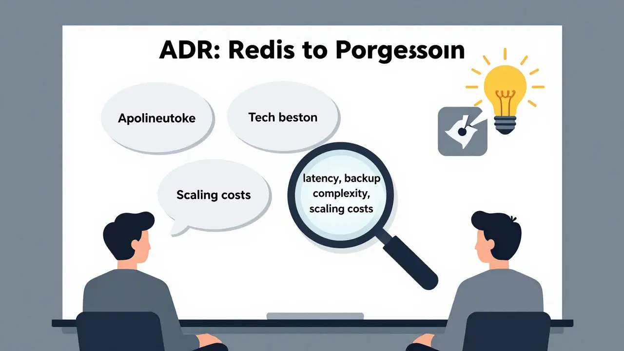 Team discusses an architecture decision with AI highlighting trade-offs and a hidden risk on a whiteboard.